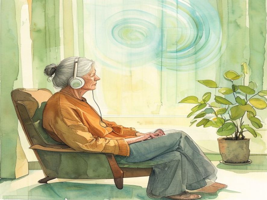 Older woman in an armchair listening to U4EA through headphones in a sunlit nursing-home common room.